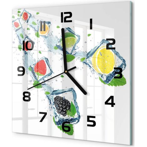 Horloge Murale Carrée Maison Verre Trempé Silencieuse Design Moderne Élégant Fruits en cubes 30x30 cm (1/5)