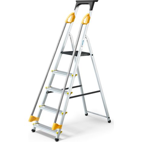 Escabeau 5 marches DURAMP sécurisé avec rampes, tablette porte-outils, marchepied pliable aluminium, hauteur plateforme 97cm, garantie 5 ans Hoström