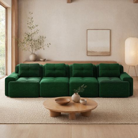 Sofá modular 382x104x69 cm de tela efecto pana verde, 4 plazas, sin montaje - MEUBLIV (1/5)