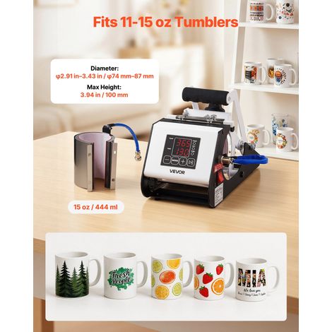 Presse à Chaud pour Tasses Capacité Maximale de 444 mL Noir et Blanc, avec Ruban Adhésif et Gants, Réglage Température et Durée, Tr…