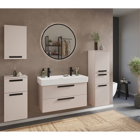 Badmöbel Komplett Set in Beige, Waschtisch 100 cm mit Spiegel rund mit Beleuchtung - ATELLA-03 (1/5)