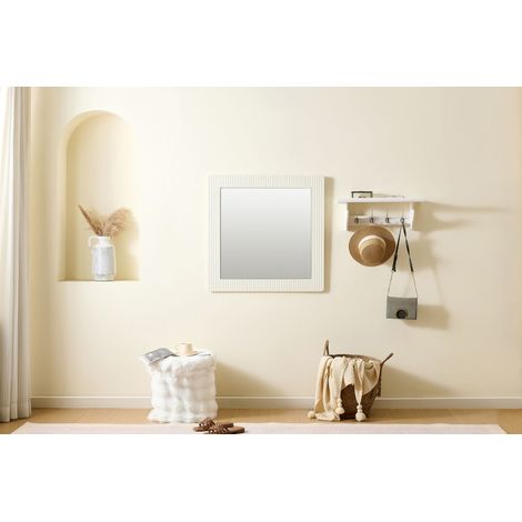 Miroir carré design 80x80 cm, cadre blanc effet bois, reflet net et lumineux – idéal pour entrée, chambre ou salon.