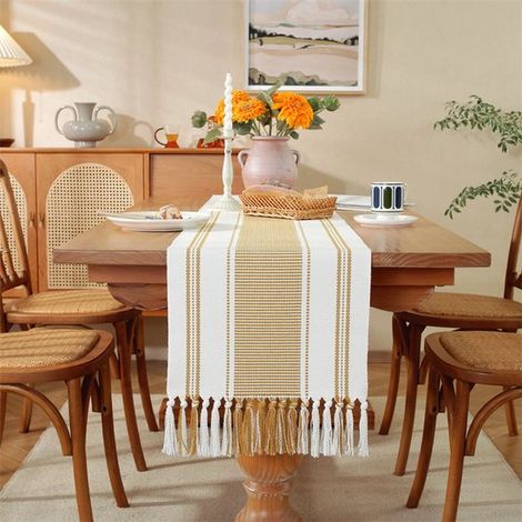 Runner da tavola bohemien in cotone e lino con nappe, 35 x 240 cm. Tovaglia semplice, spessa, a quadri. Tovaglia per tutti i giorni. Morbida e resistente. (1/5)