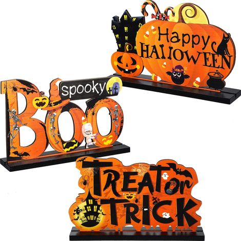 Centre De Table Halloween - Décoration En Bois Pour Table Festive - Motif Citrouille Boo Treat Or Trick - 3 Pièces - 20 x 12 cm (1/5)