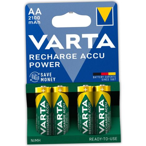 Batería recargable AA NiMH VARTA POWER de 2100 mAh, tipo barra estándar, 4 unidades. (1/2)