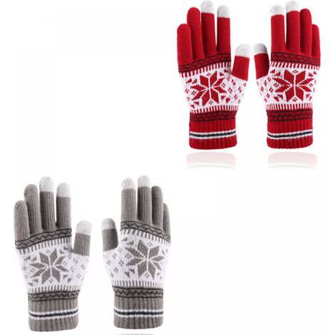 Couple Christmas Gloves - Touchscreen Compatible - Long Finger Design - Thick, Elastic Winter Gloves - Snowflake Pattern, Red and Gray Color Scheme