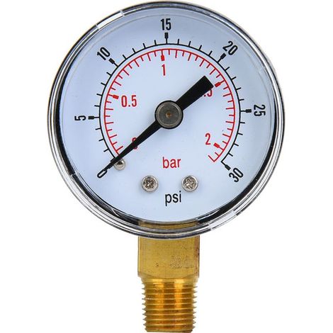 Manomètre mécanique 1/8" BSPT Connexion inférieure pour air, huile, eau (0-30 psi 0-2 bar) (1/5)
