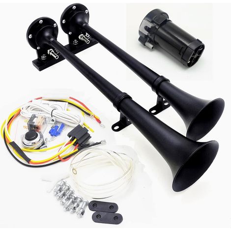 Klaxon de voiture 160db Car air Horn 24V Noir Chrome Zinc Double tube Trompette Camion Klaxon électrique Klaxon d'alarme Haut-parleur de voiture avec pompe à air pour 24V Camion SUV bateau etc (1/5)