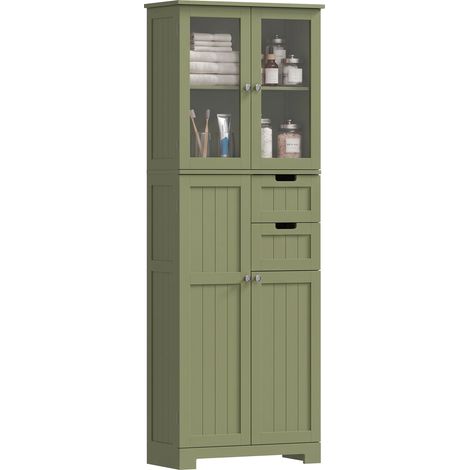 Meuble de rangement haut armoire à portes vitrées, étagères modulables pour salle d'eau, cuisine, séjour, teinte verte. (1/5)