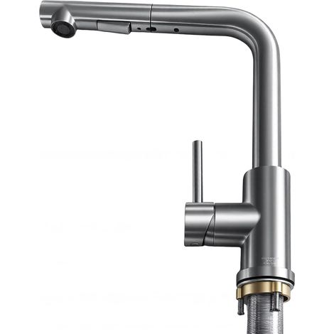 Robinet Cuisine, Mitigeur Cuisine avec Douchette Extractible, 2 Modes de Pulvérisation et Pivotante à 360°, En Forme de L Acier Inoxydable Monolevier Robinet Evier (1/5)