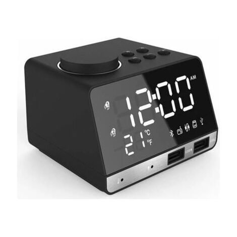 BUNTHAUS LED double réveil miroir horloge Radio enceinte pour salle de bain basse sans fil bluetooth + port USB + FM Noir noir (1/5)