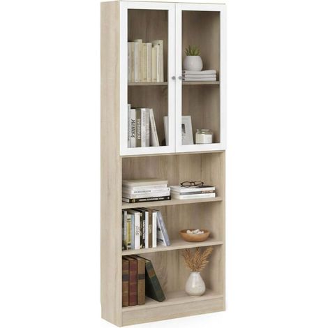 Dmora - Libreria Chedeng, Scaffale da ufficio, Mobile portalibri, Biblioteca, 79x28 h203 cm, Quercia e Bianco