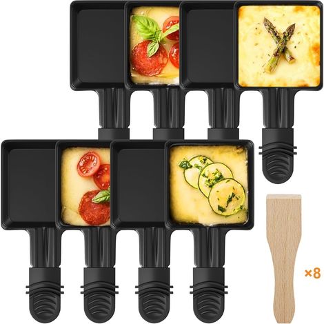 Lot de 8 Poelon Raclette Carré à Revêtement Anti-adhésif,Coupelle Raclette Barbecue avec Poignée Isolée pour Fromage Fondu Oeuf Frit Pomme de Terre, 8 Pcs Spatules en Bois (1/5)