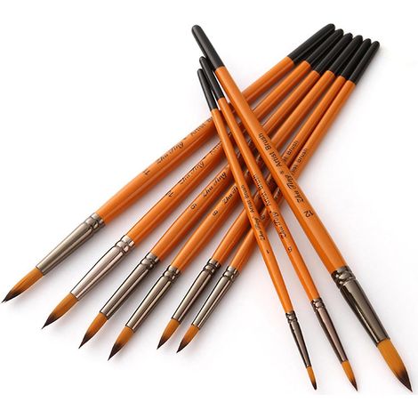 12-teiliges professionelles Künstlerpinselset mit runder, spitzer Spitze, Holzgriff und Nylonborsten.