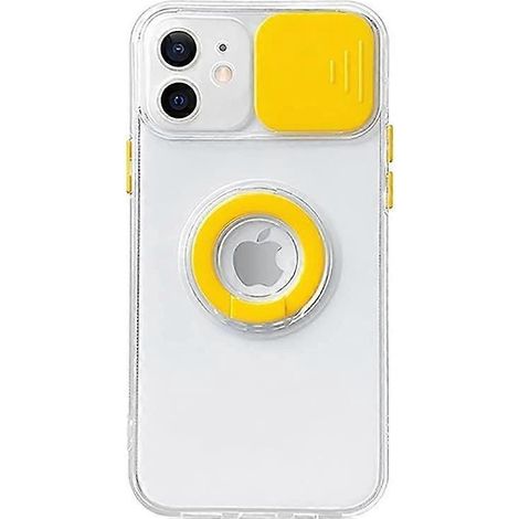 Transparente Softcase-Hülle für iPhone (gelb, iPhone 11 Pro) mit bonbonfarbenem Ringhalter und verschiebbarer Kameralinsenabdeckung. (1/4)
