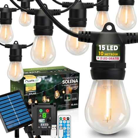 Ghirlanda solare da giardino con 15 lampadine LED decorative, 10,4 m, 2700K luce calda + telecomando solena lumiled (1/5)