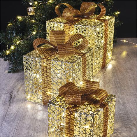Lot de 3 cadeaux de Noël LED dorés avec large ruban et nœud décoratif, décoration de Noël, blanc chaud, câble de 3 m, IP20 pour l'intérieur, doré (1/5)