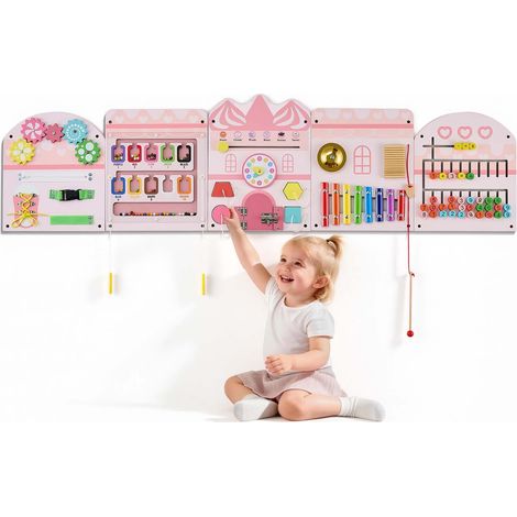 Panneau Mural Sensoriel pour Enfants, Forme Château, Tableau d'Activités Montessori 14 en 1, Jouet Éducatif en Bois avec Accessoires de Fixation, pour Crèche, Classe, Salle de Jeux et Maison (1/5)