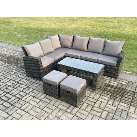 Fimous 8 Seat Rattan Garden Furniture Corner Sofa Set Outdoor Patio Sofa Table Set with 2 Small Footstools Dark Grey Mixed (1/5)