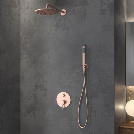 Set doccia a parete finitura oro rosa soffione, doccetta, miscelatore  KAM-ARTE ORO ROSA kamalu