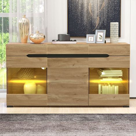 Buffet, 140x35x80 cm, couleur chêne, buffet moderne à LED, 3 portes et 3 tiroirs, offrant un grand espace de rangement pour votre salon (1/5)