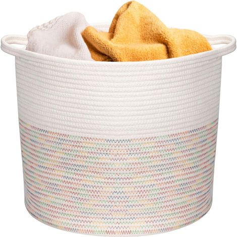 Panier à Linge 50L en Corde de Coton, Corbeille à Linge Sale avec Poignées 40x37cm, Bac de Rangement pour Vêtements, Jouets, Serviettes   Pour Chambre ou Salle de Bain   Multicolore