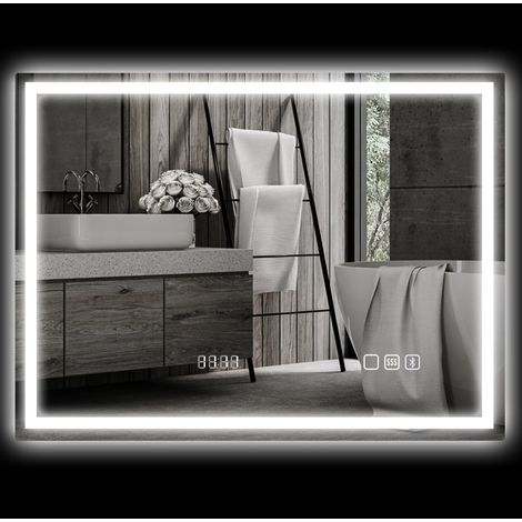 Espejo de baño LED 80x60 cm antivaho Bluetooth, 3 colores de luz, vidrio plateado (1/5)