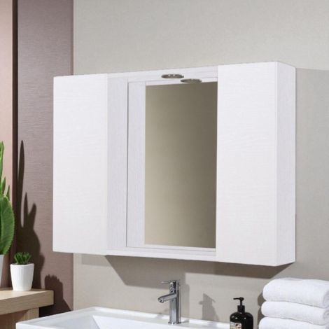Specchiera bagno in legno 81 cm a 2 ante con faretto LED Bianco Frassino (1/2)