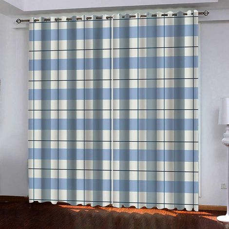 Rideau occultant 2 Pièces x 110 L x 215cm H Plaid Bleu Oeillets Cuisine Adulte Isolant Thermique Opaques Petites fenêtres Moderne Décoration - Taille: 2xL110xH215cm (1/5)