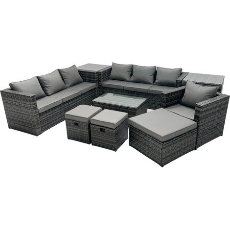 Fimous Rattan Garden Furniture Dining Set 10-seater Patio Coffee Table Sofa Set with 3 Stools 2 Side Tables Dark Grey Mixed (1/5)