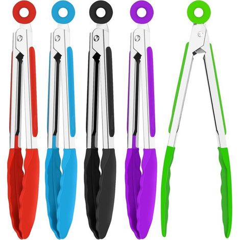 Pinzas de cocina de 5 piezas: pinzas pequeñas de silicona de 18 cm con mangos de silicona de acero inoxidable y puntas de nailon (1/5)
