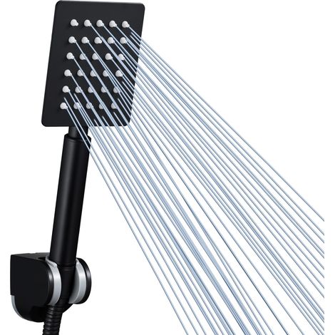 Pommeau de Douche à Main Noir Métal, Haute Pression, Carré avec Ruban Téflon (1/5)