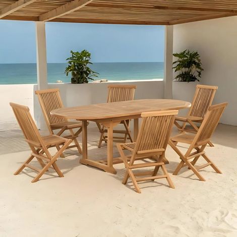 Conjunto de jardín de teca maciza mesa oval extensible y 6 sillas plegables