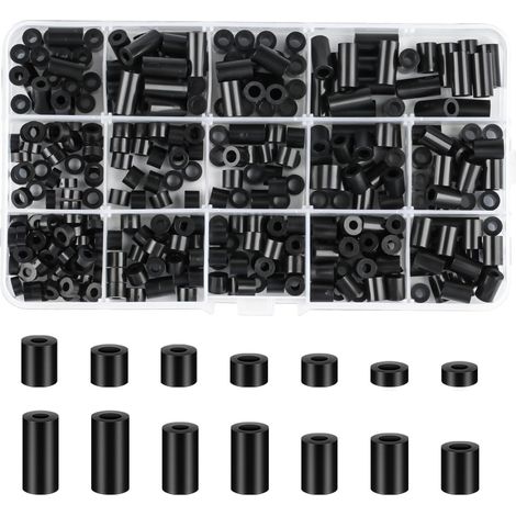 Lot de 360 entretoises en plastique M3 M4 en nylon ABS rond noir, manchons d'espacement, rondelles en plastique, entretoises sans manchons filetées, rondelles isolantes (1/5)
