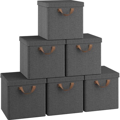 WOLTU Set of 6 20L Storage Boxes with Lid and Handles, Foldable Storage Organizer Containers Cube Baskets for Bedroom Closet Office, Grey