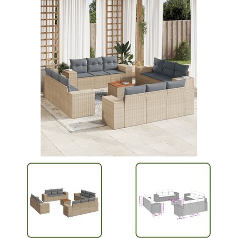 The Living Store Salon de jardin avec coussins 13 pcs beige résine tressée - Ensemble Salon De Jardin - Meuble Extérieur - Résine Tressée - Rotin Synthétique - Fauteuil Jardin