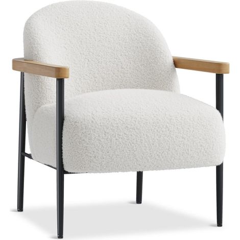Fauteuil Lounge Pelucheux Blanc avec Accoudoirs Bois et Pieds Métal (1/5)