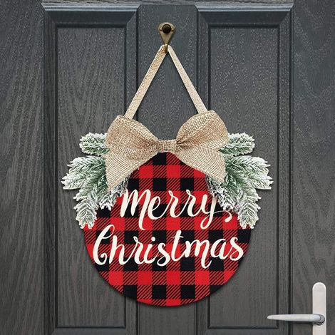 Christmas Wreath - Buffalo Plaid Christmas Decorations - Winter Wreaths, Merry Christmas Sign for Holiday, Rustic, Farmhouse, Front Door, Porch, Window Wall, Outdoor Decorations (1/5)
