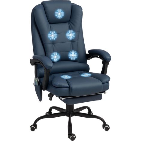 Chaise de Bureau Massante Ergonomique avec Télécommande Filaire, Dossier Inclinable et Repose-Pieds Rétractable, Cuir PU Bleu (1/5)