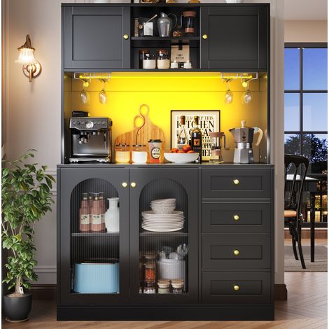 MEUBLIV Aparador de cocina blanco 105,5x40x180 cm con 4 puertas, LED y colgador de copas (1/5)