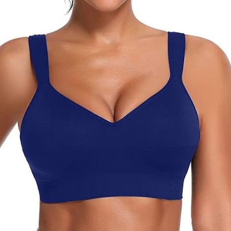 Gepolsterter, bügelloser Sport-BH für Damen mit Push-up-Effekt, ideal für Fitnessstudio, Yoga und andere sportliche Aktivitäten. Bequemes und stylisches, nahtloses Crop-Top. Größe XL, blau. (1/4)