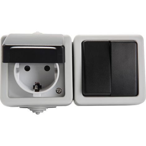 Interrupteur double & Prise Schuko – 2P+T – IP54 – Protection enfants – Gris (1/2)