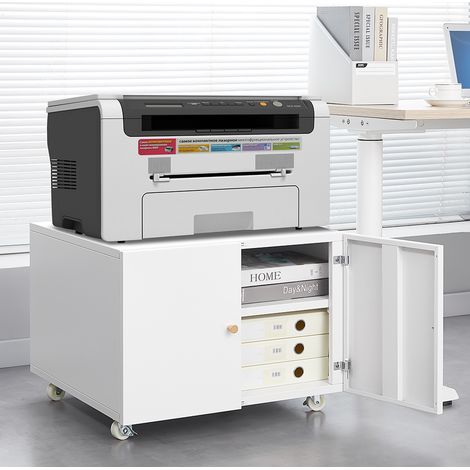 Meuble imprimante roulant en métal blanc, avec porte, tablette réglable et 4 roulettes 360°, pour bureau, salle de réunion et petits espaces CHICFURN (1/5)