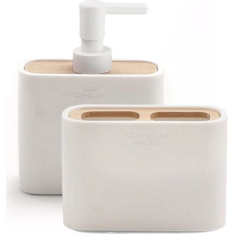 GEDY  Set Melbourne 2 Pezzi, 1 Dispenser Sapone e 1 Porta Spazzolino, Serie Realizzata in Resina e Bambù con Finiture Bianche (1/4)