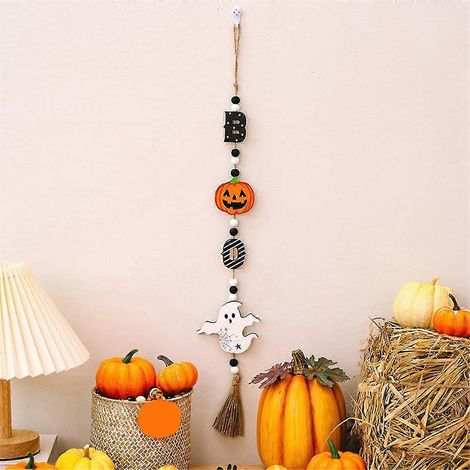 Guirlande de perles en bois pour Halloween avec citrouille, chauve-souris et fantôme - Décoration murale rustique à plusieurs niveaux (1/5)