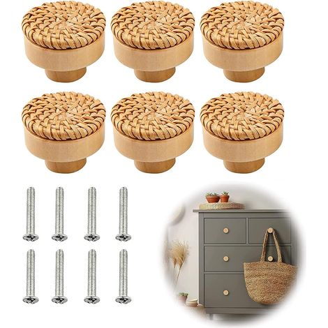 Lot de 6 Boutons de Meuble Rotin 40 mm Bouton de Meuble Bohème, Boutons de Portes pour Placards Bohème, Poignée Meuble Bois Bouton de Porte Pour Armoire, Tiroir, Salon, Armoires de Cuisine (1/5)