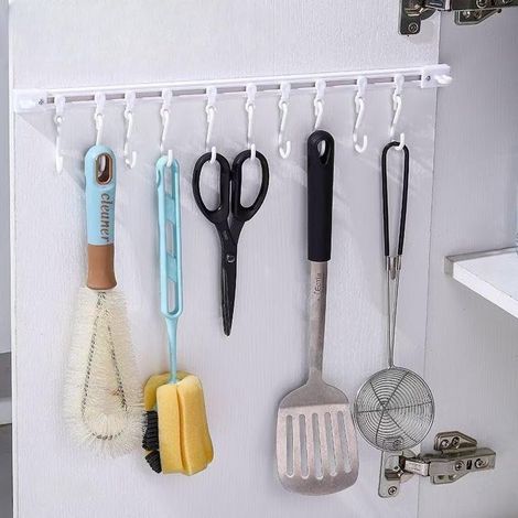 Crochet coulissant multifonctionnel, support pour ustensiles de cuisine, fixation murale, avec 10 crochets, installation sans perçage (1/5)