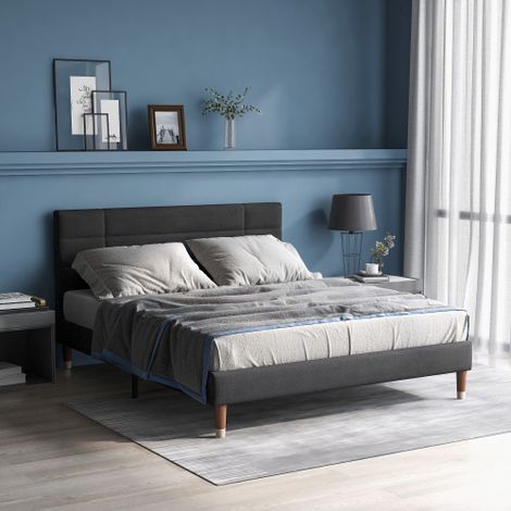 MINKUROW Cama Tapizada, Cama Doble Somier, 140x200cm Estructura De Cama Tapizada Con Cabecero, Lino Gris Oscuro, Para Adultos Y Adolescentes, (Colchón No Incluido) (1/5)
