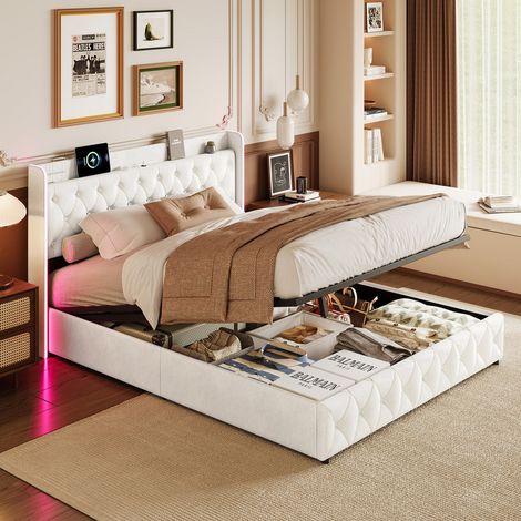 lit coffre 160x200cm, lit double avec sommier LED et USB, lit adulte avec système hydraulique, tête de lit capitonné avec stockage ouvert, velours, beige (1/5)