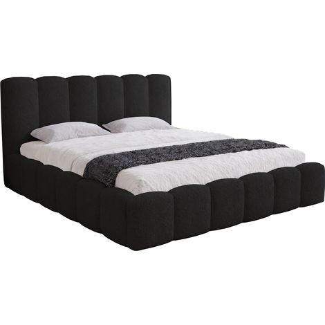 Lit capitonné 140x200 Florent avec cadre en métal - tissu bouclé, lit avec rangement - Noir (Lambi 13)